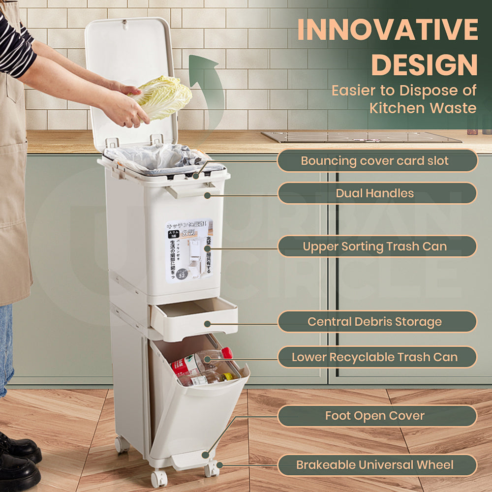 Furb New Kitchen Bin Waste Sorting Trash Bins Lid Garbage Recycling Dustbin Can