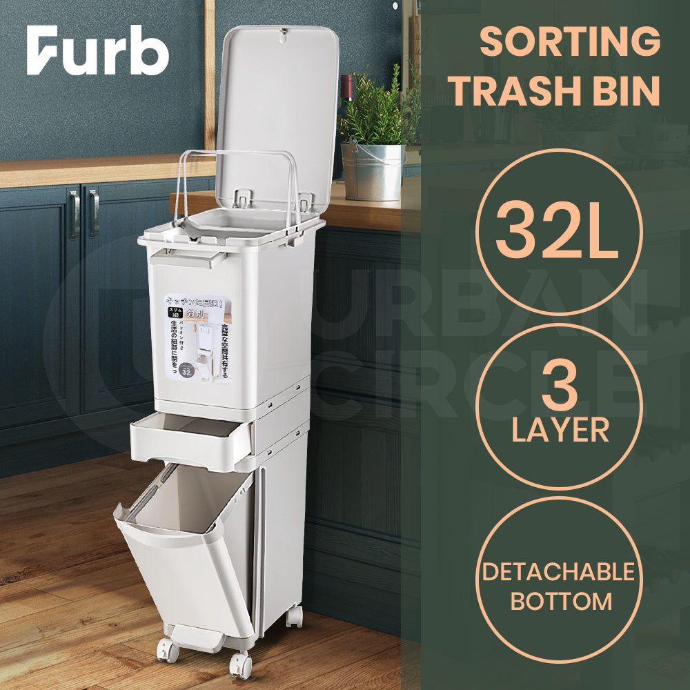 Furb New Kitchen Bin Waste Sorting Trash Bins Lid Garbage Recycling Dustbin Can
