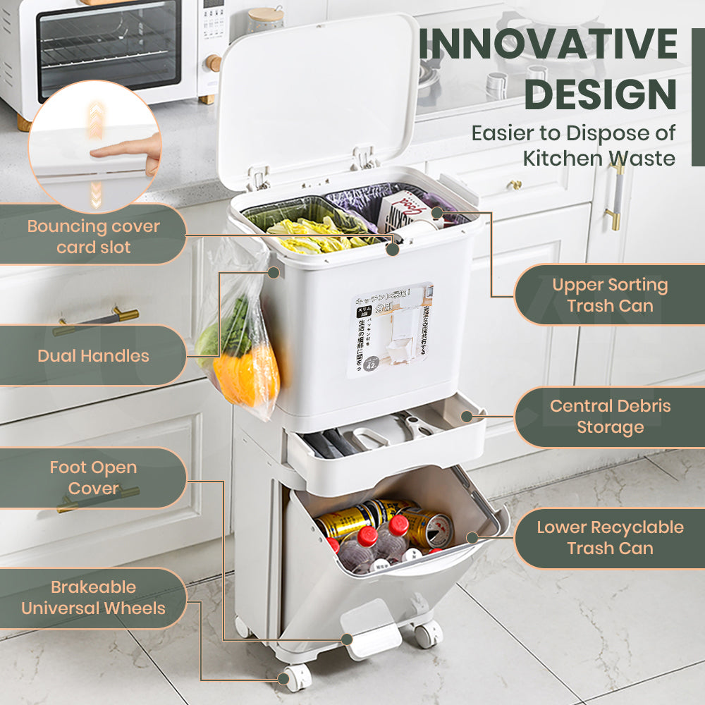 Furb New Kitchen Bin Waste Sorting Trash Bins Lid Garbage Recycling Dustbin Can