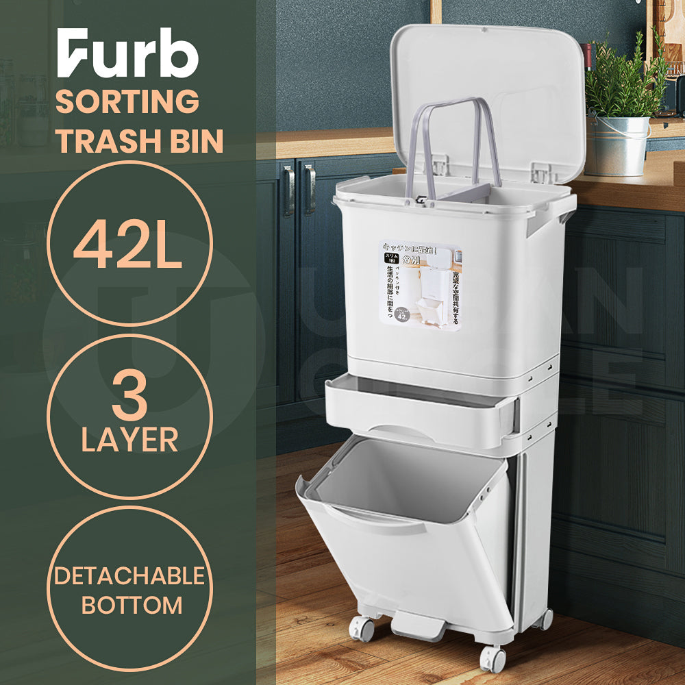 Furb New Kitchen Bin Waste Sorting Trash Bins Lid Garbage Recycling Dustbin Can