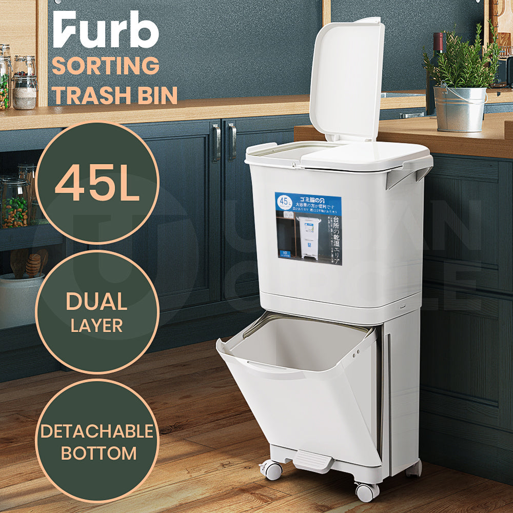 Furb New Kitchen Bin Waste Sorting Trash Bins Lid Garbage Recycling Dustbin Can