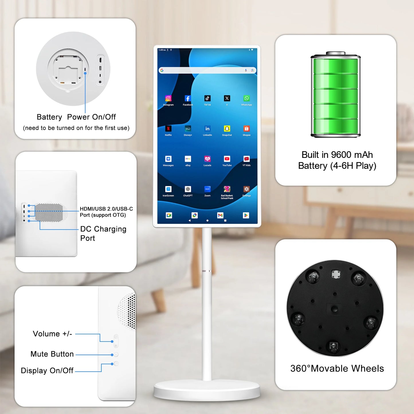 32 Inch Incell Lcd Display Interactive Touch Wireless Portable TV with Stand Android 15 Smart Mobile Display