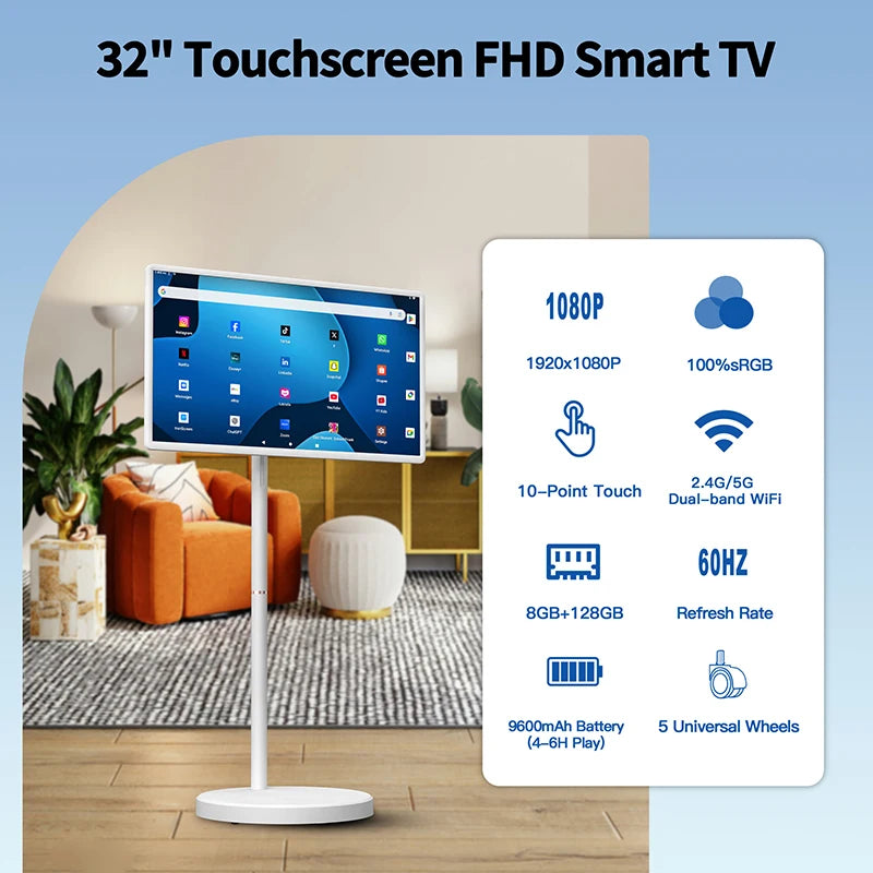 32 Inch Incell Lcd Display Interactive Touch Wireless Portable TV with Stand Android 15 Smart Mobile Display