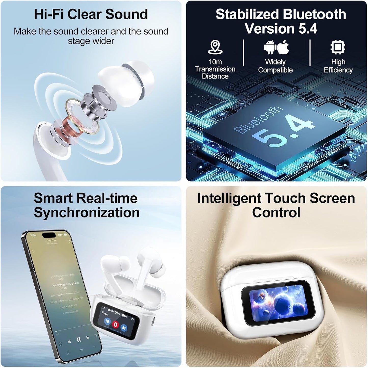 Wireless Earbuds, 5.4 Bluetooth Headphones With Touch Screen Ear Buds, ANC ENC N