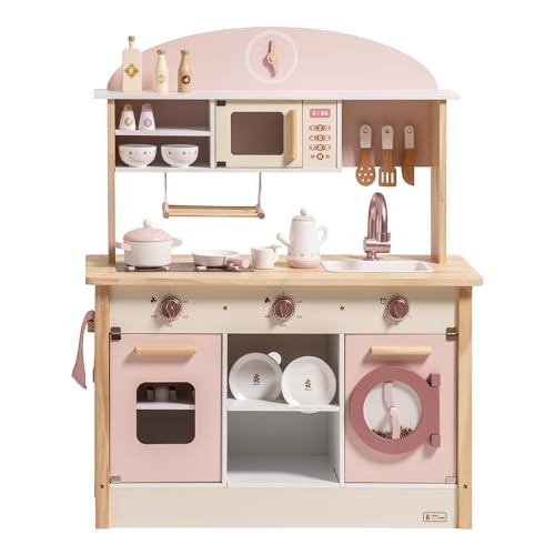 Play Kitchen for Kids Toddlers, Wooden Play Kitchen with Realistic Pink
