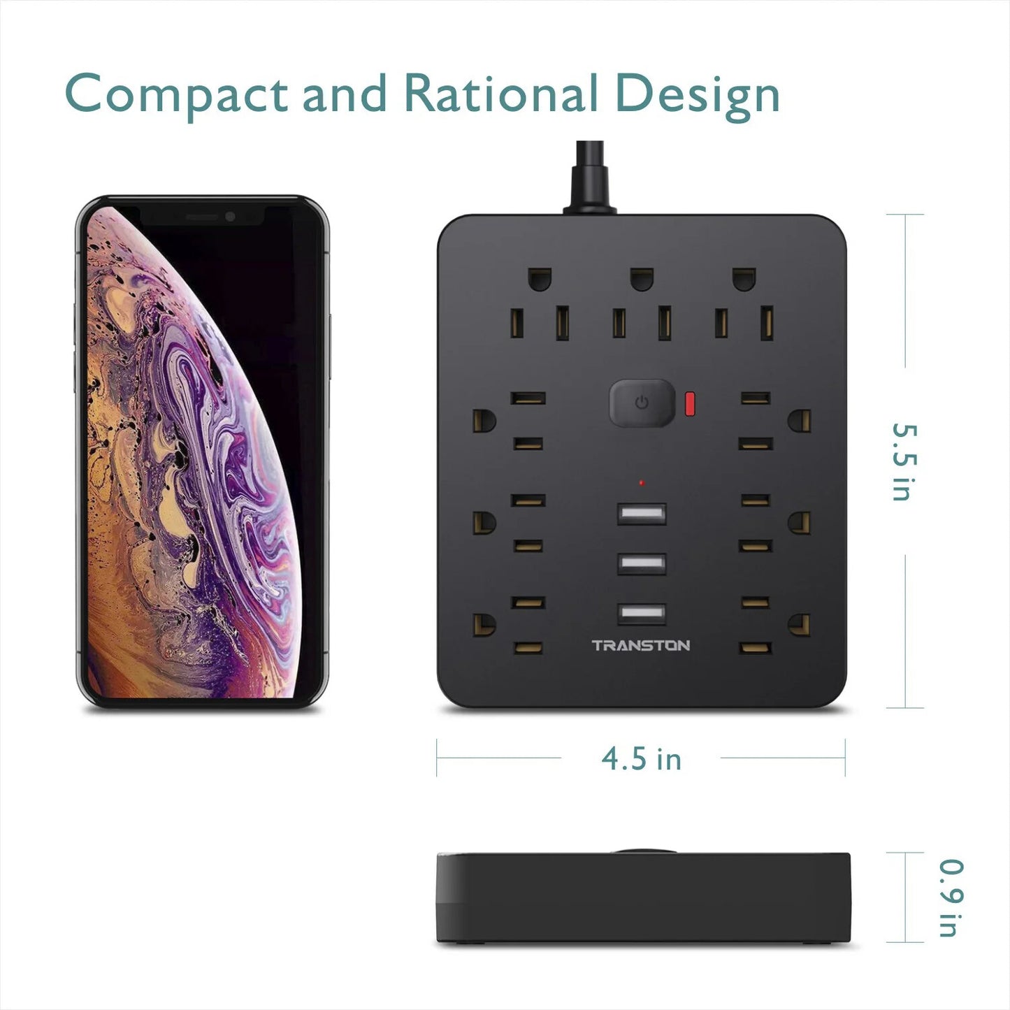 Power Outlet with Surge Protector, 9 sockets 3 USB Ports, 10ft Extension Cord,