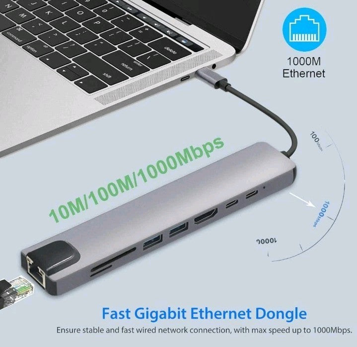 8 in 1 USB-C HUB Type-C Adapter For PC Windows Multi 3.0 4K HDMI Etherne 8 Ports