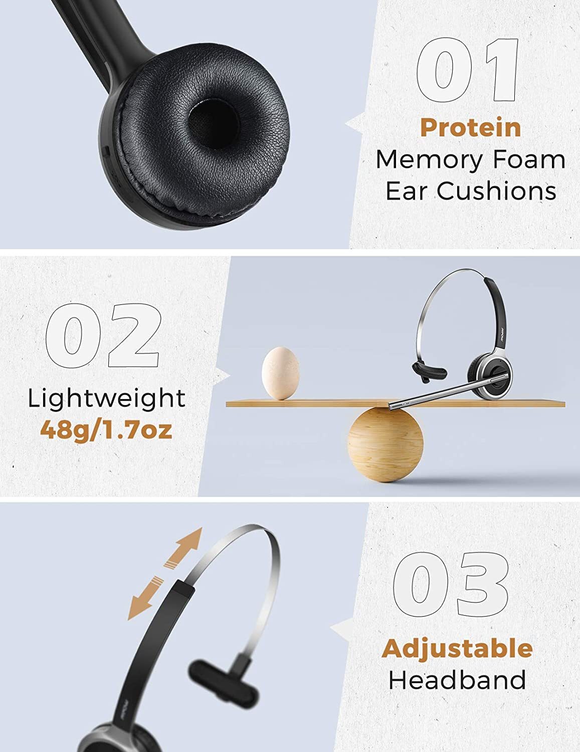 Mpow 078 Upgrade Bluetooth 5.0 Headset Trucker Call Center Driver Headphones Mic