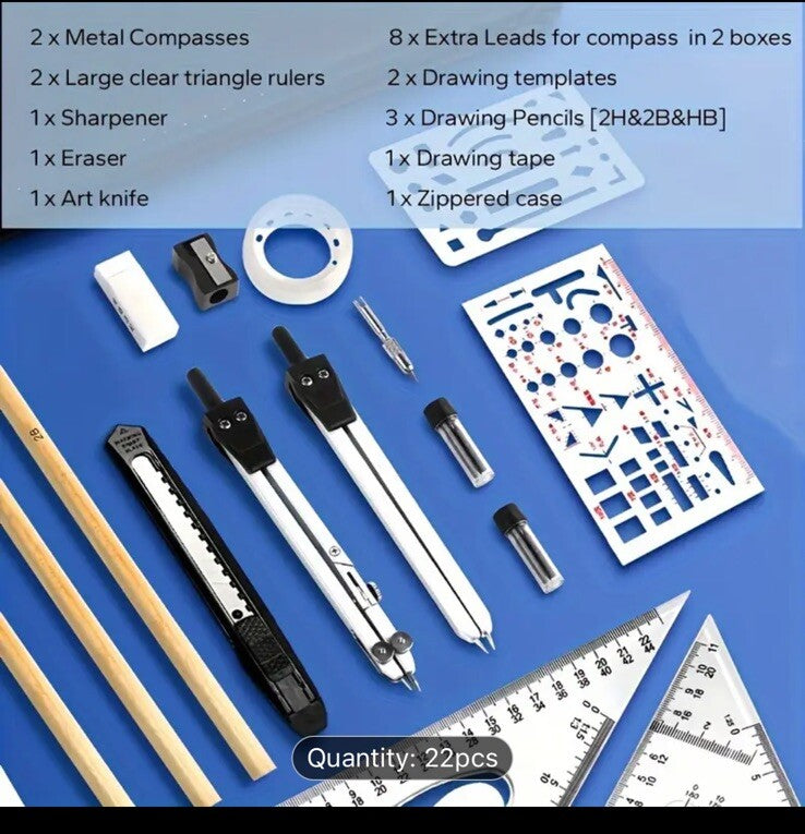 22 piece drafting set in zipper case NEW Shipping Included