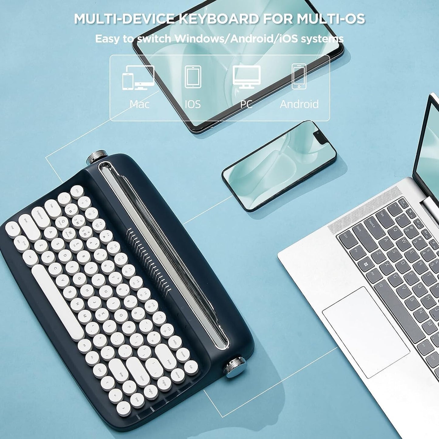 YUNZII ACTTO B303 Wireless Retro Typewriter 5.0 Bluetooth Keyboard Round Keycaps