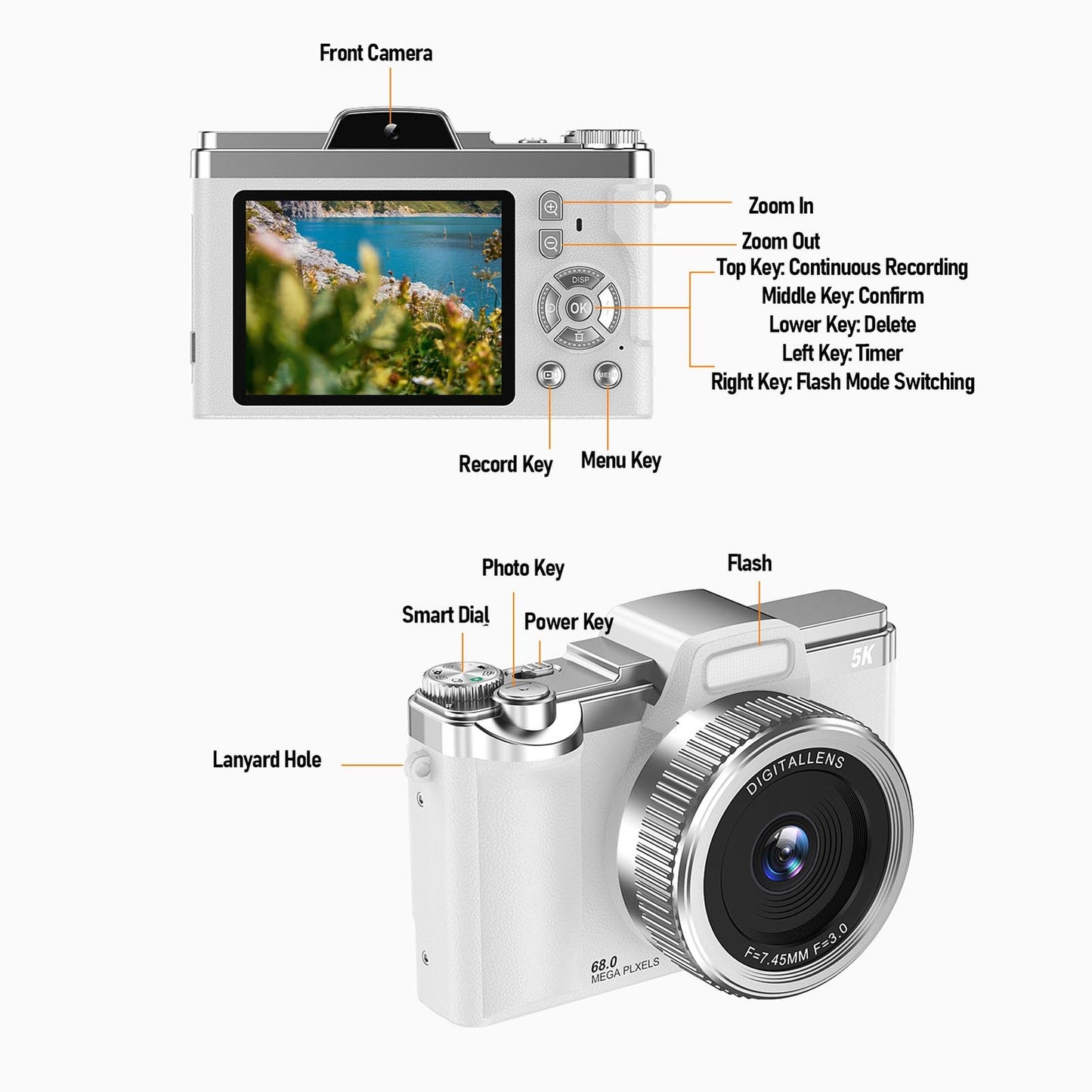 Digital Camera 64MP Pixels 5K HD 16x Zoom AF Autofocus Retro Compact Vlog Kit