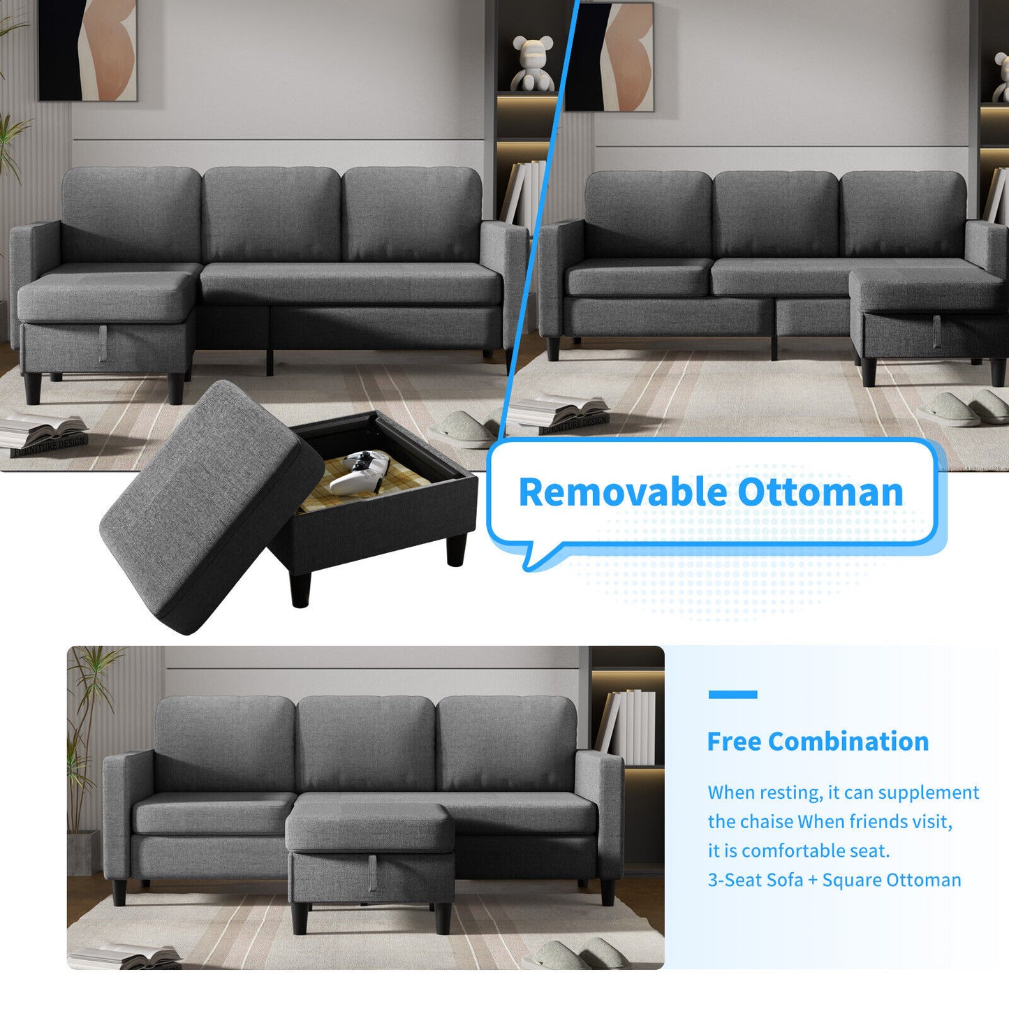 Small Sectional Sofa with Storage Ottoman,3 Seater L Shaped Sofa for Living Room