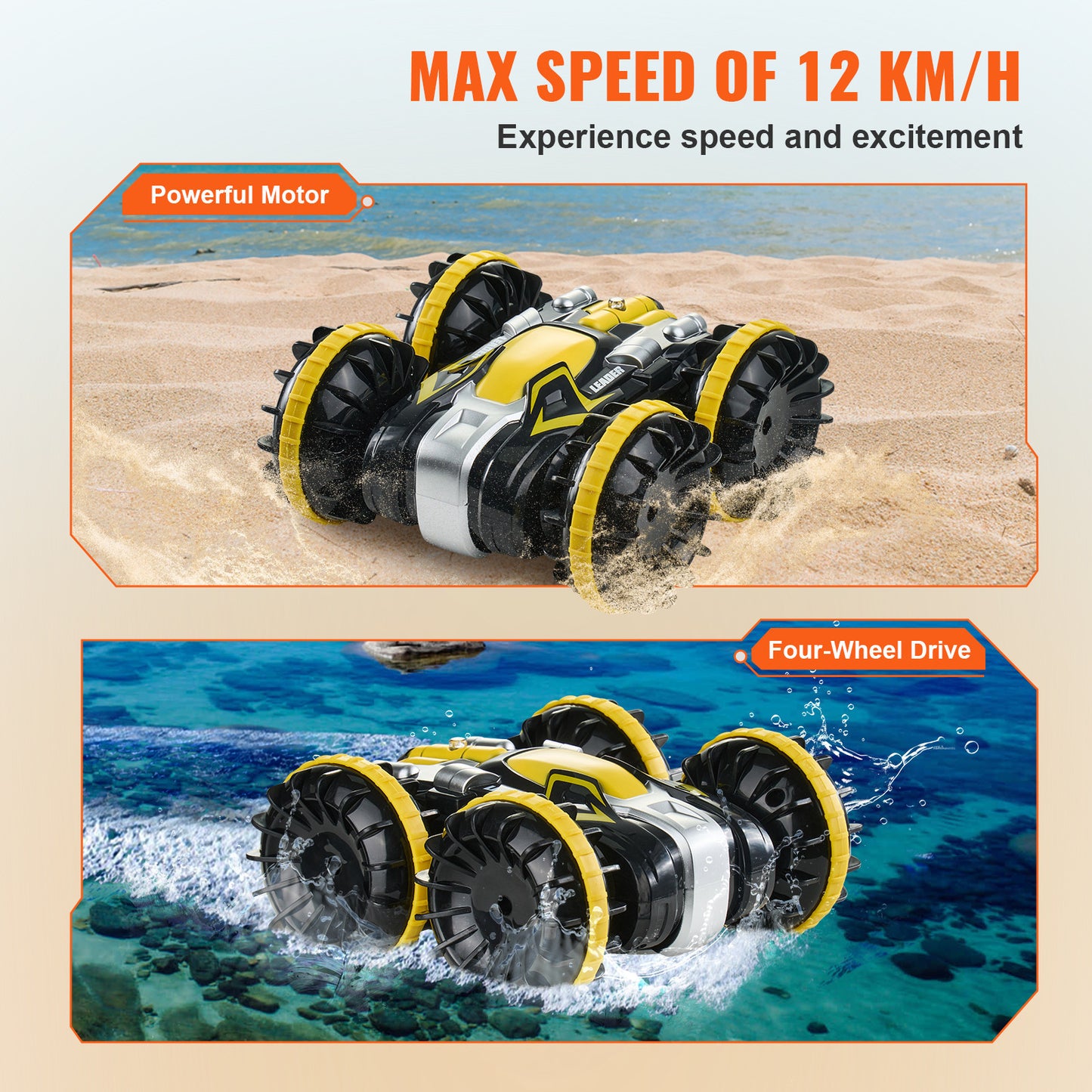 Amphibious Remote Control Car Boat 2.4 GHz 4WD RC Boat Kids Adults Yellow