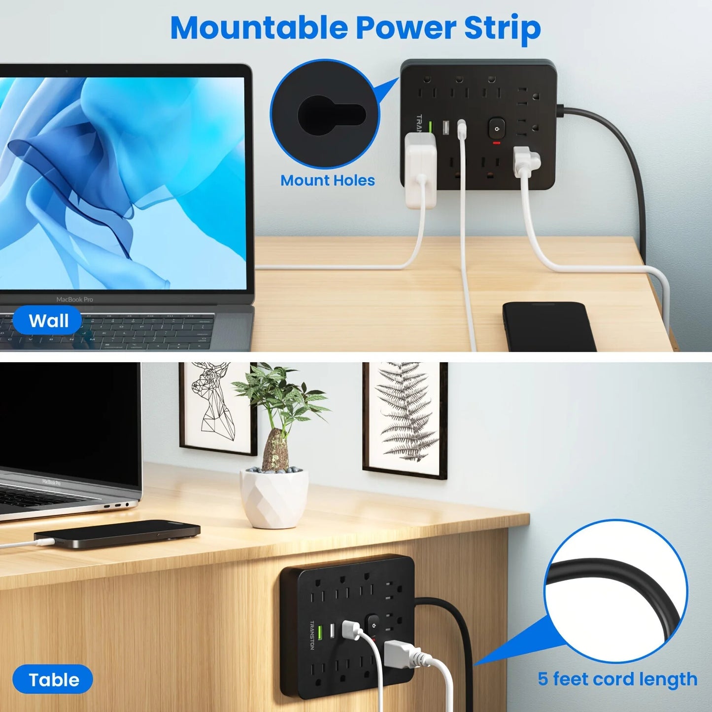 Power Outlet with Surge Protector, 9 sockets 3 USB Ports, 10ft Extension Cord,
