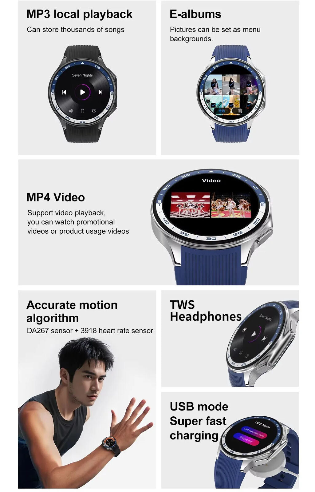 Smart Watch Men Women Wristwatch USB Modes Photo MP3 MP4 Video Music Smartwatch