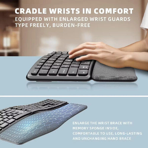Ergonomic 2.4G Wireless Keyboard Typing,Rest,Multi-Device Rechargeable Bluetooth