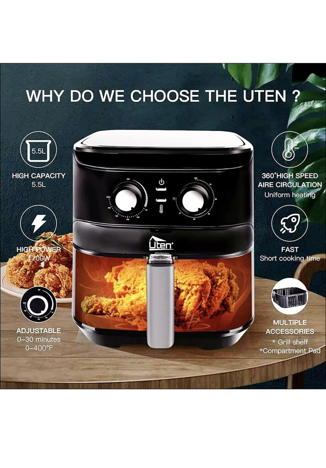 Uten Large Air Fryer 5.8Quart & Electric Hot Air Fryer XL Oven Oilless Cover
