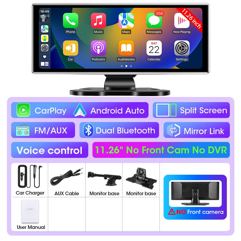 11.26" Car DVR 4K Dash Cam Dual Lens Wireless Carplay & Android Video Recorder