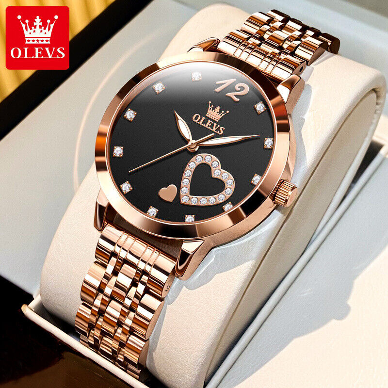 OLEVS Women's Quartz Elegant Watch Stainless Steel Rhinestone Heart Luminous Box
