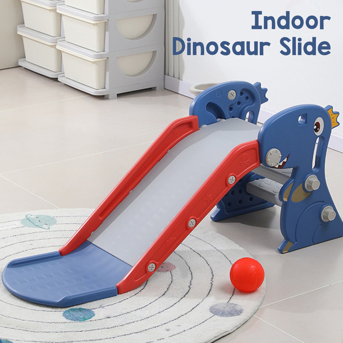 Toddler Indoor Slide for Age 0 To 3 Dinosaur Foldable Slide with Basketball Hoop