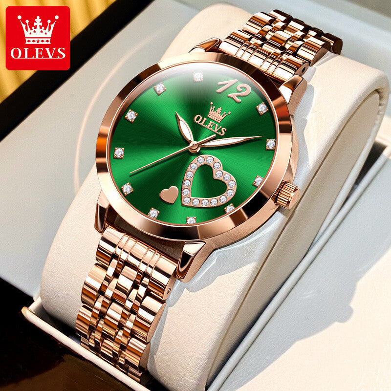 OLEVS Women's Quartz Elegant Watch Stainless Steel Rhinestone Heart Luminous Box