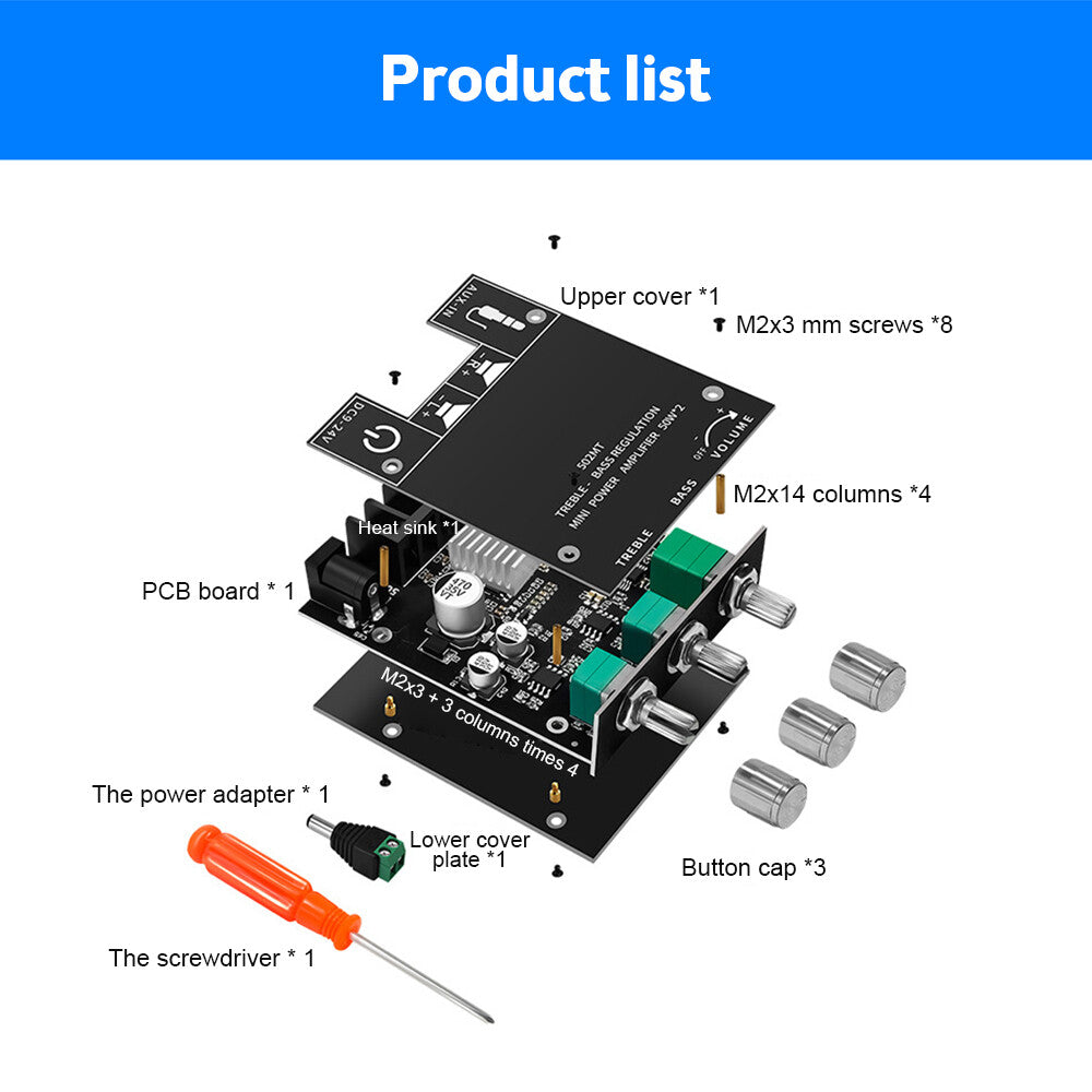 ZK-502MT 50W*2 Bluetooth 5.2 Audio Amplifier Board Module Tone Adjustable DIY.