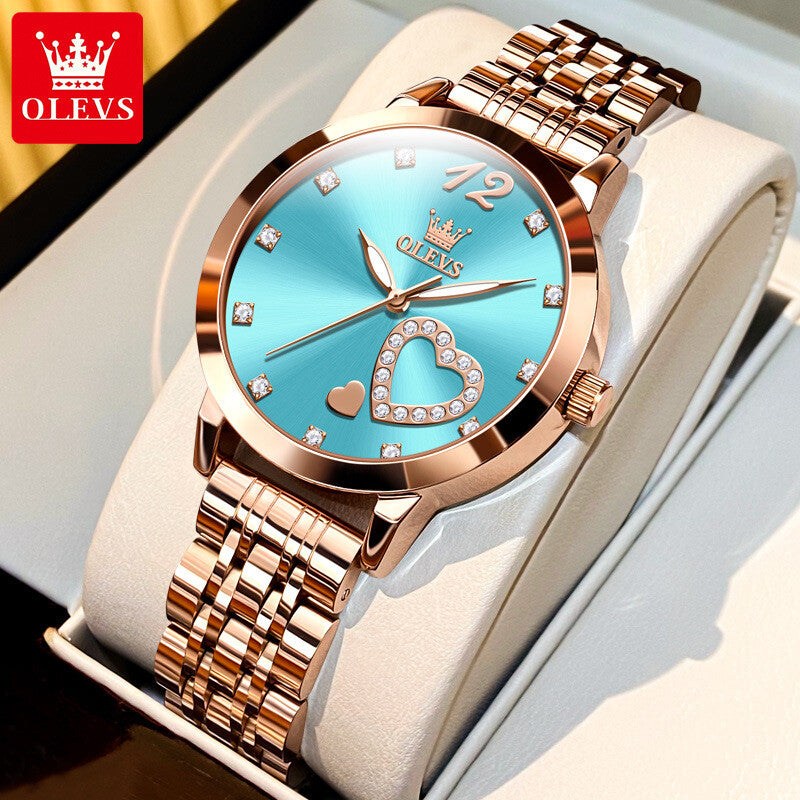 OLEVS Women's Quartz Elegant Watch Stainless Steel Rhinestone Heart Luminous Box