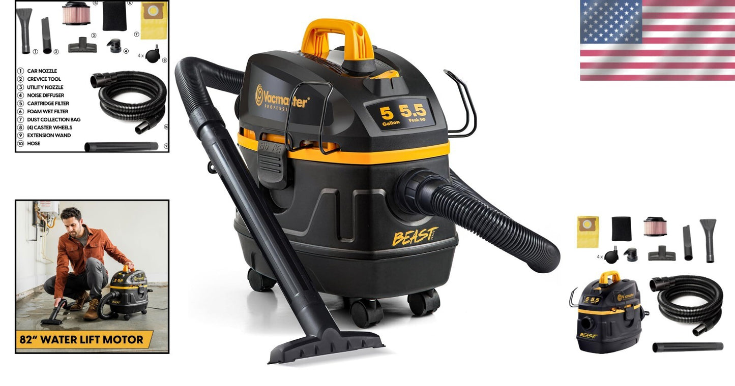 Professional 5-Gallon Wet/Dry Vacuum with Powerful 5.5 HP Motor & 9 Accessories