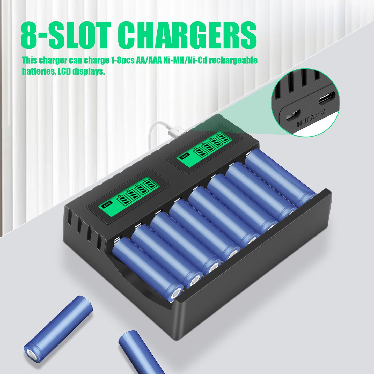 Battery LCD Display Intelligent 8-Slot Chargers for AA/AAA NiCd NiMh2049