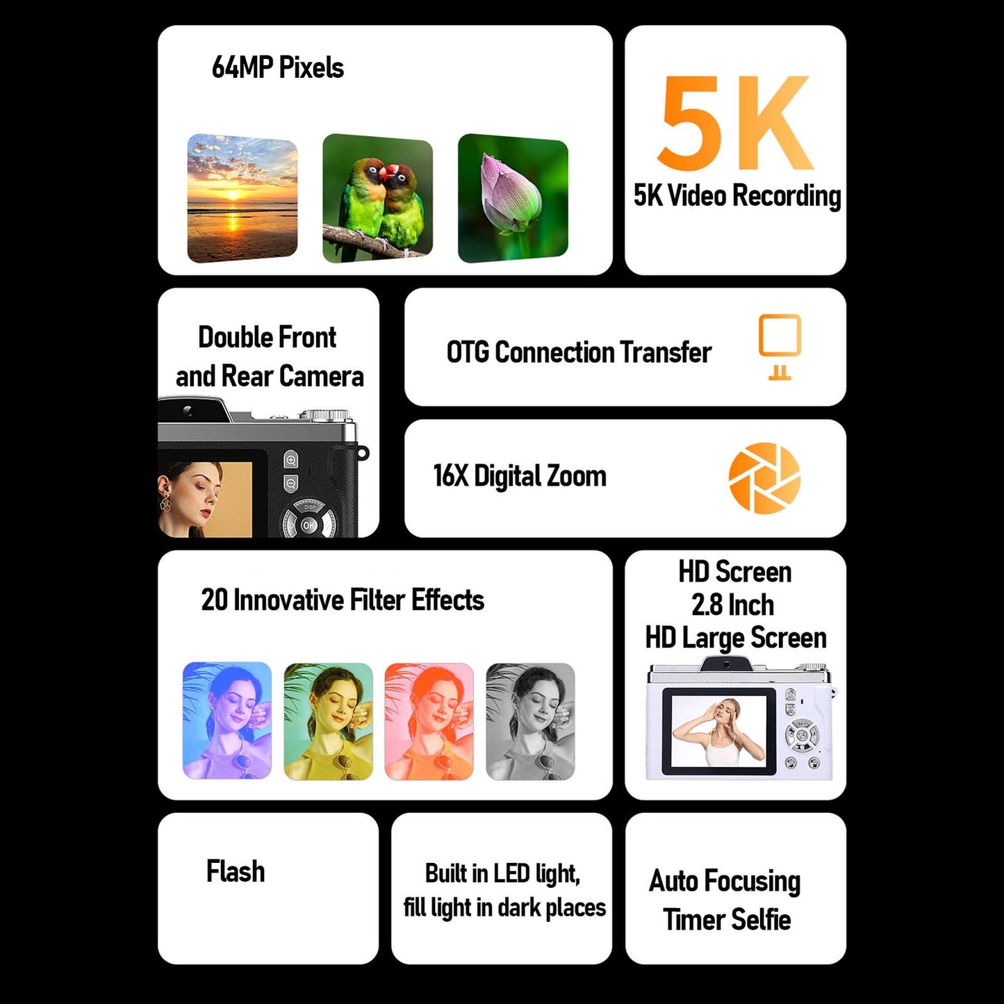 Digital Camera 64MP Pixels 5K HD 16x Zoom AF Autofocus Retro Compact Vlog Kit