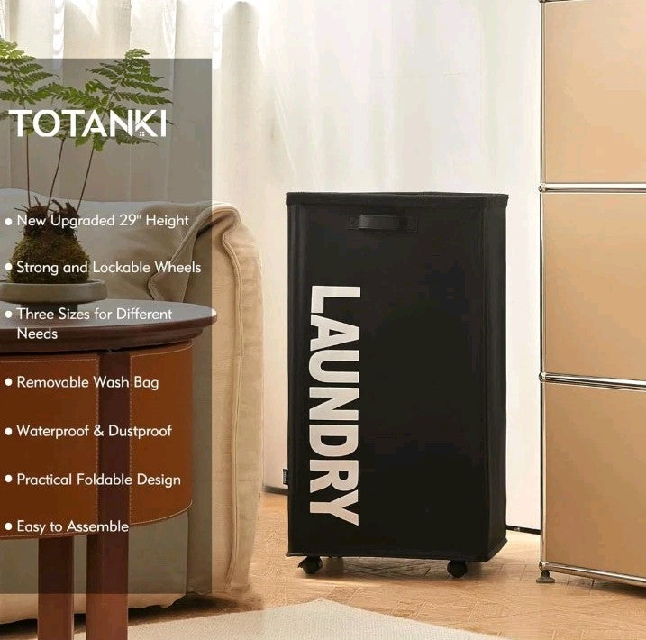 29" X-Large Rolling Laundry Basket on Wheels with Removable Bag, Foldable Laundr