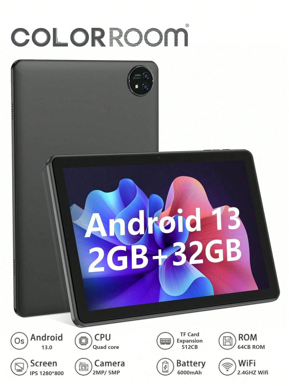 10" Android 13 Tablet, 6GB RAM, 64GB ROM, Dual Camera, GPS, 6000mAh, WiFi
