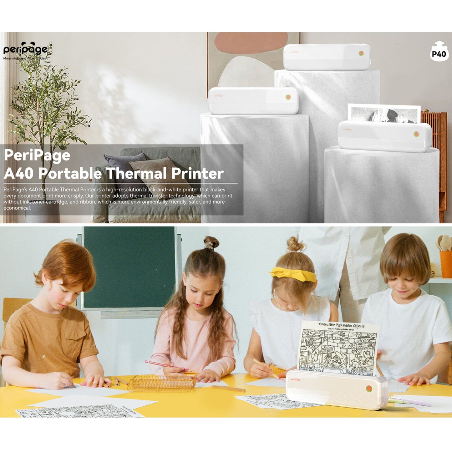 Peripage P40 A4 Portable Thermal Printer Wireless Mobile Photo Printer Y3U0