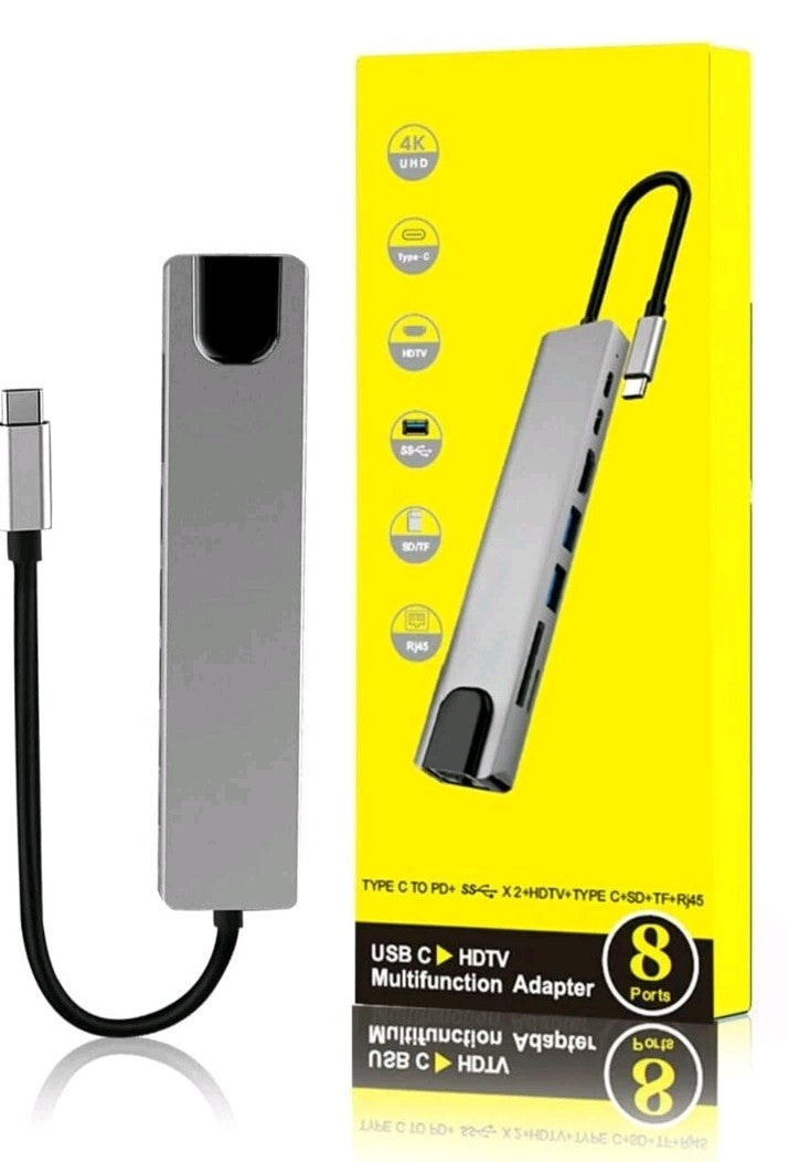 8 in 1 USB-C HUB Type-C Adapter For PC Windows Multi 3.0 4K HDMI Etherne 8 Ports