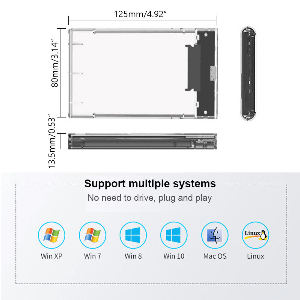Drive Hard 3.0 Case 2.5" SSD External Clear HDD Enclosure Laptop SATA Tool-Free