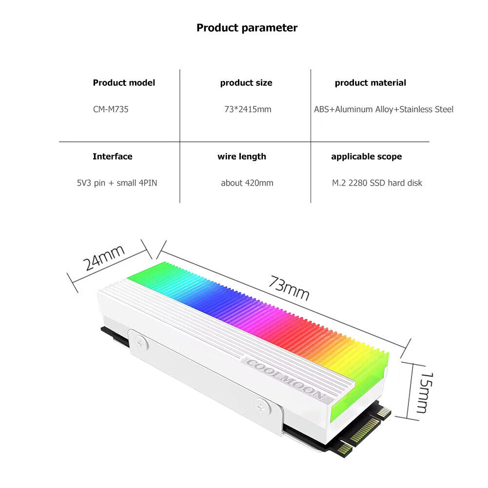 M.2 2280 SSD Heatsink Cooler M.2 SSD Heatsink Cooler Dual Interface 5V 3PIN ARGB