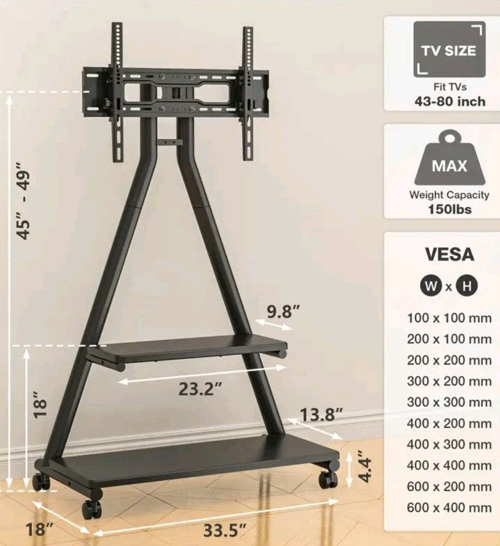 Rolling TV Stand for 43-80" TVs up to 150lbs, Portable Stand on Wheels with E...