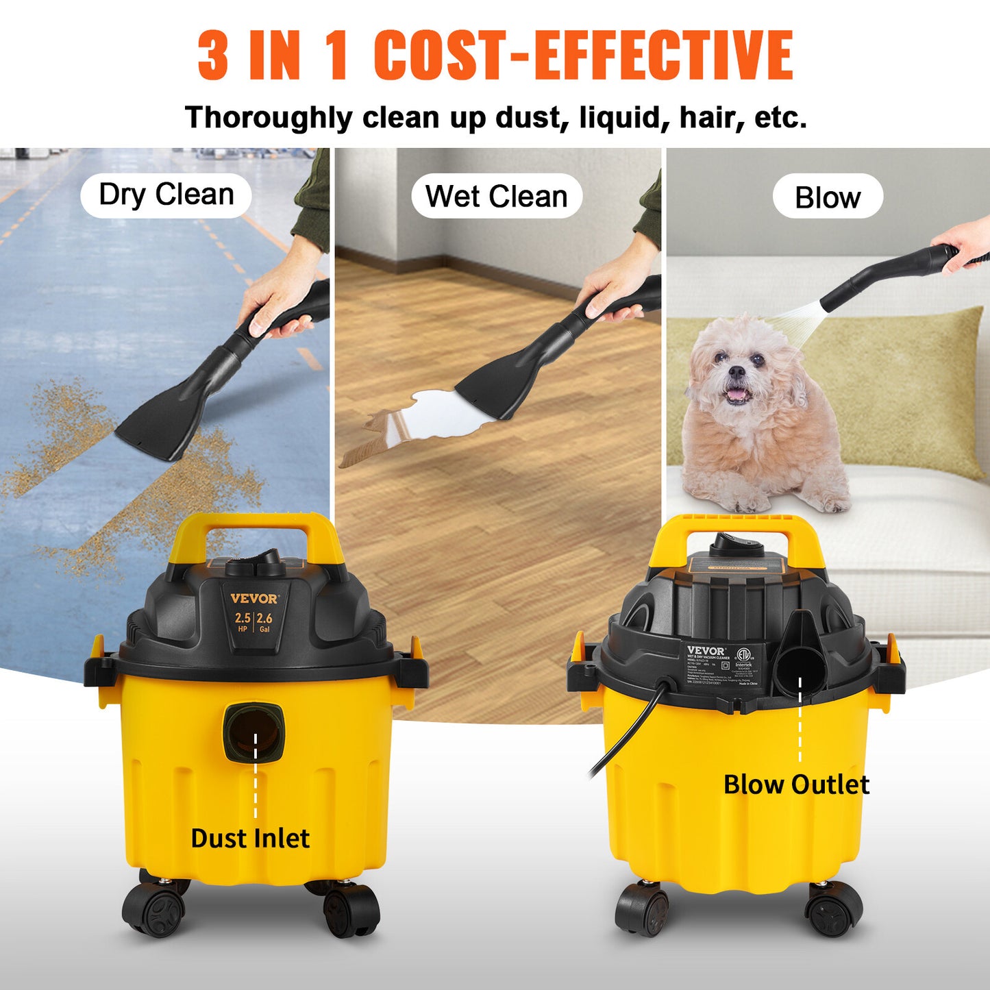 2.6 Gallon Shop Vacuum w/ Blowing Function Wet Dry Vac 2.5 Peak HP Portable USA