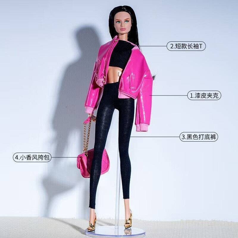 Leather Hot Pink 1/6 Doll Clothes Outfits Set Evening Dress Gown Coat Gloves 1:6
