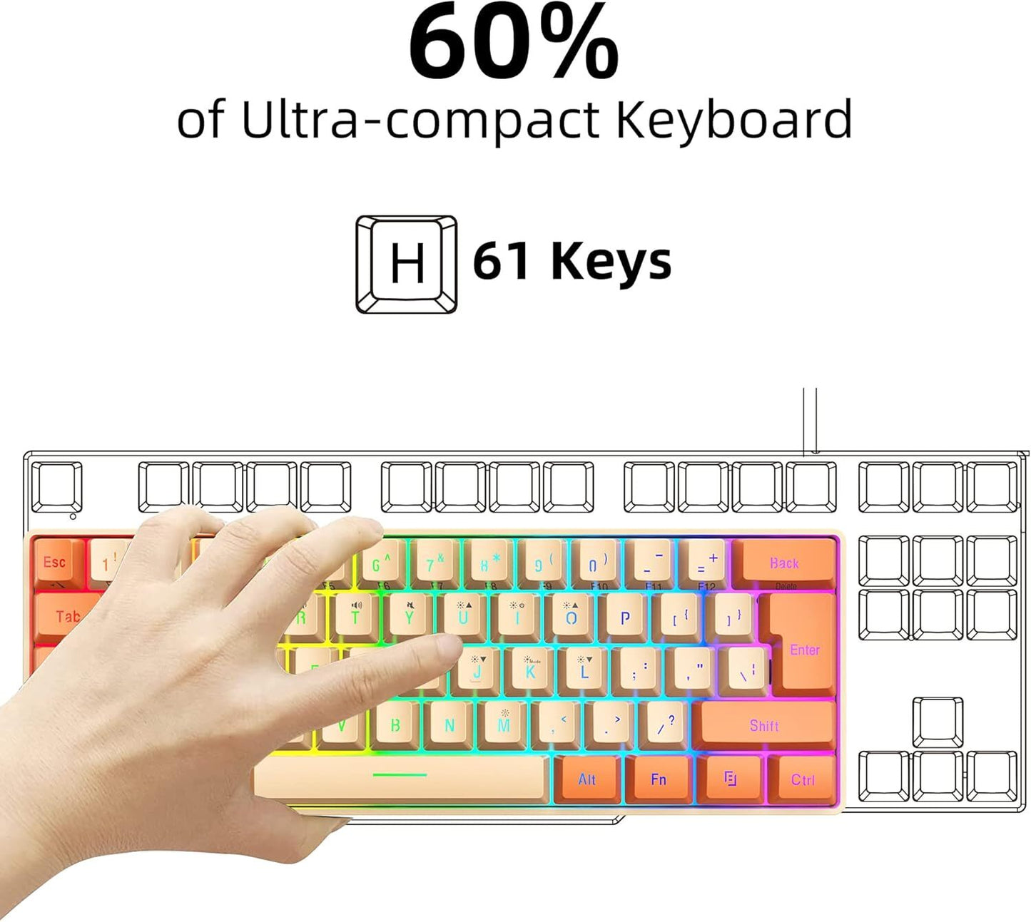 Snpurdiri 60% Wired Gaming Keyboard, RGB Backlit Ultra-Compact(Orange and Cream)