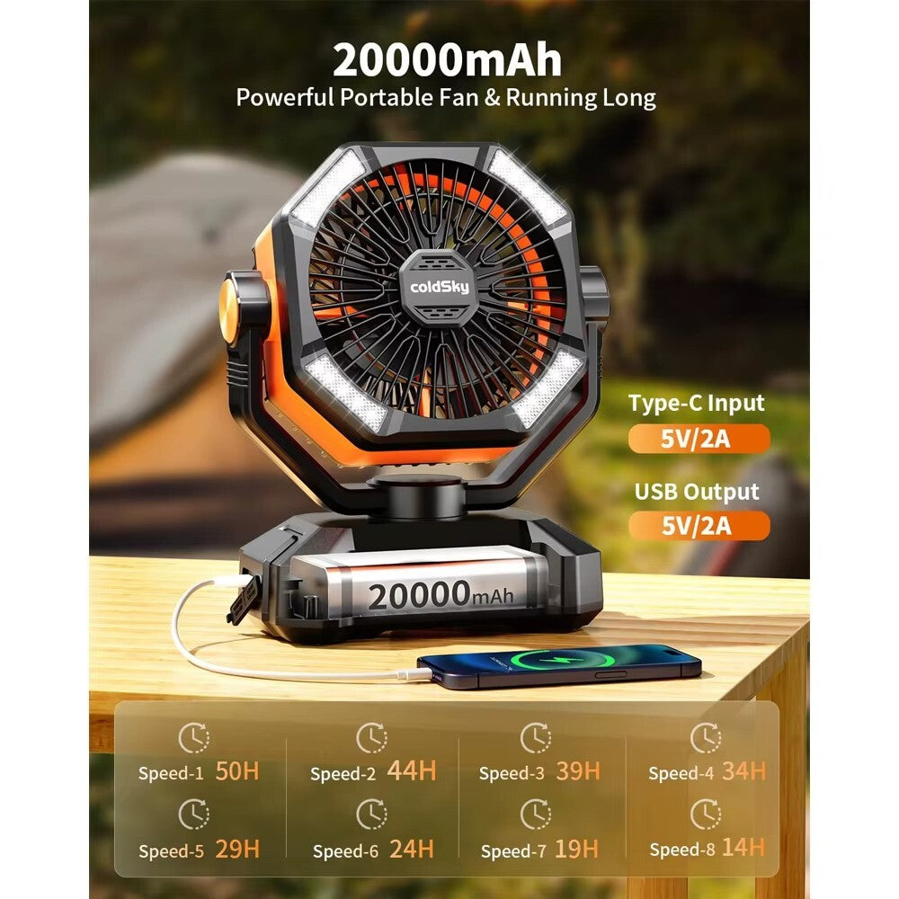 Coldsky 20000mah Battery Camping Fan with 4 LED Lantern 8 Speeds Desk Fan