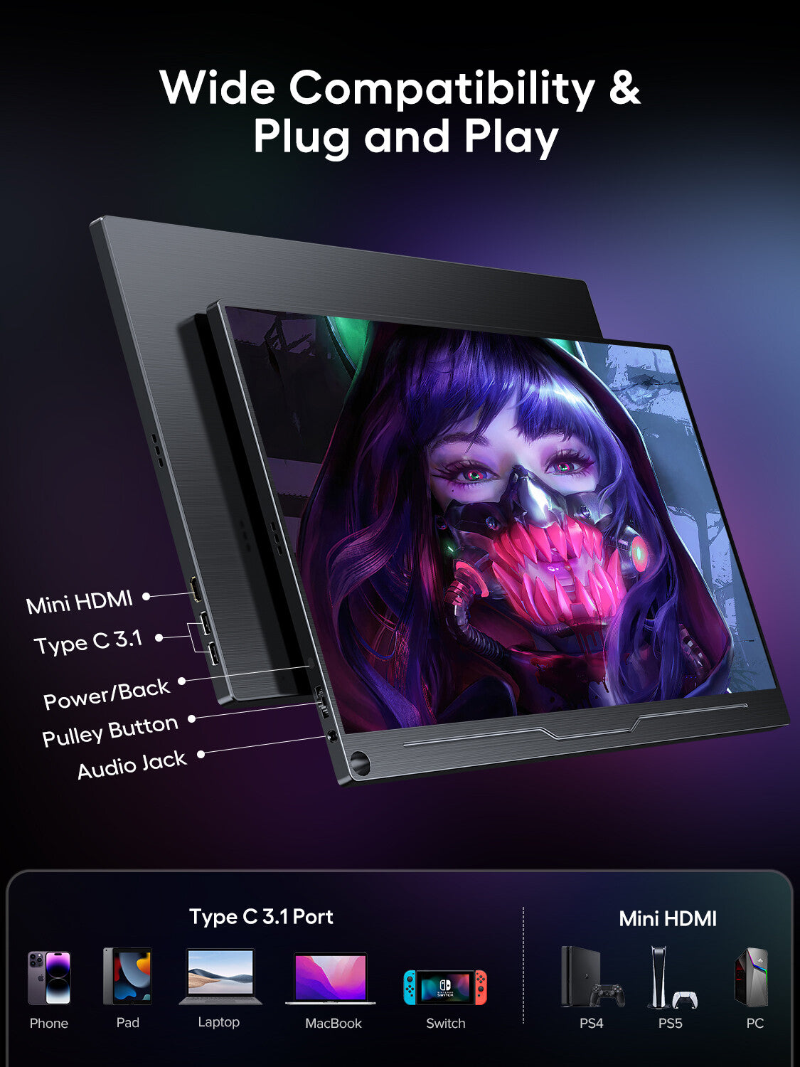 UPERFECT Portable Monitor 18.5 Inch 120HZ with Black Equalizer FPS/RTS,100% sRGB