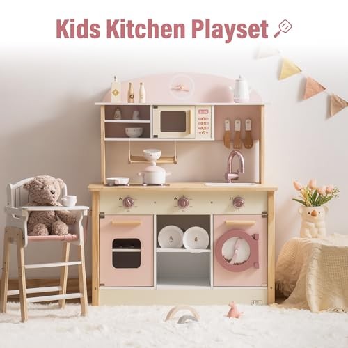 Play Kitchen for Kids Toddlers, Wooden Play Kitchen with Realistic Pink