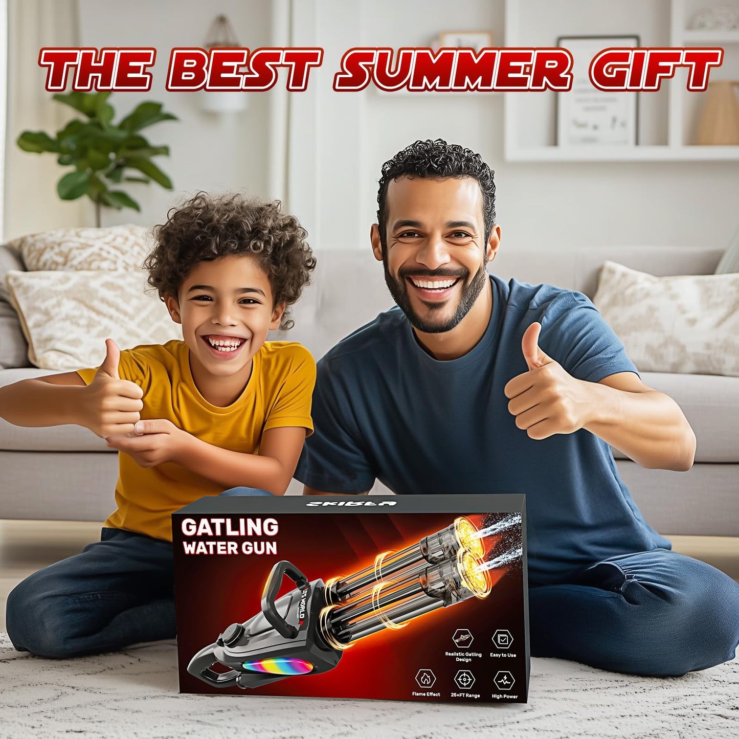 Gatling Electric Water Gun with Rotating Barrel, LED Muzzle Light, Dual Water...