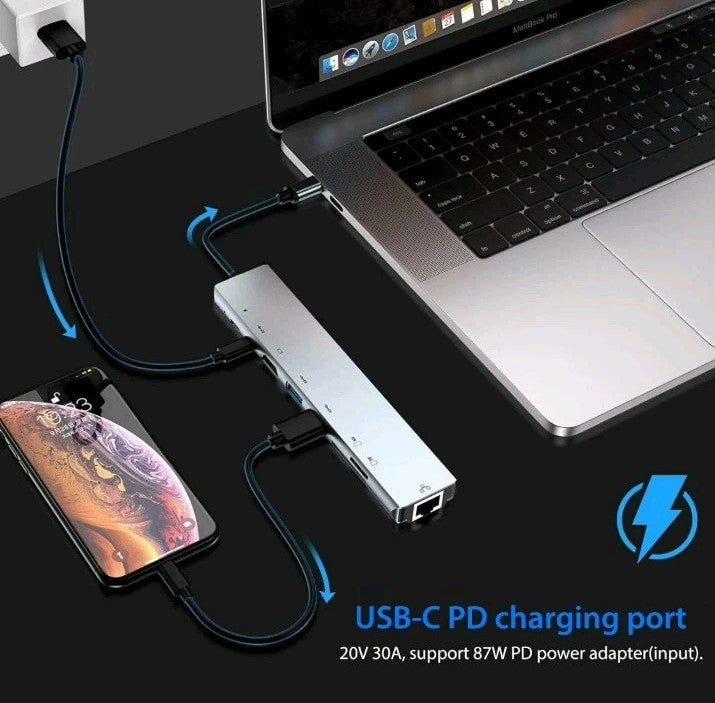 8 in 1 USB-C HUB Type-C Adapter For PC Windows Multi 3.0 4K HDMI Etherne 8 Ports