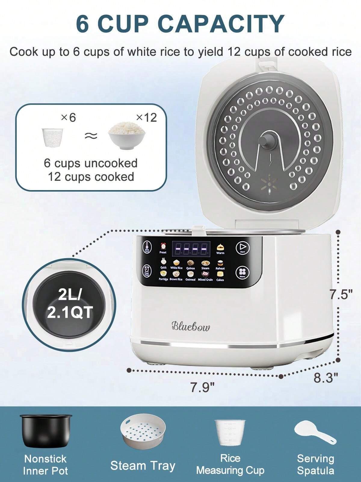 2.1Qt Rice Cooker 12-In-1 Electric Rice Cooker 6-Cup(Uncooked)/12-Cup(Cooked)