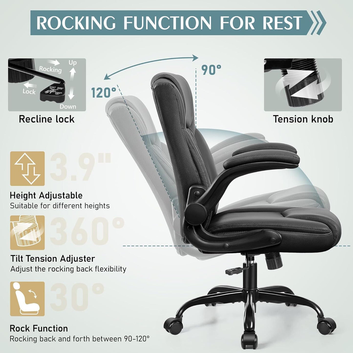 360°Swivel Free PU Home Computer Desk Chairs, Adjustable Armrests, Black