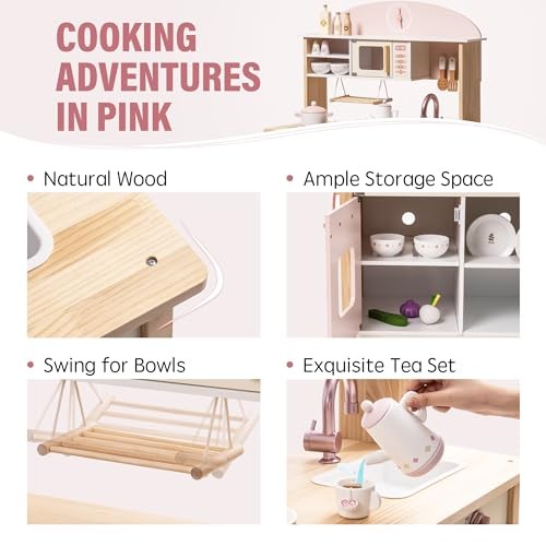 Play Kitchen for Kids Toddlers, Wooden Play Kitchen with Realistic Pink