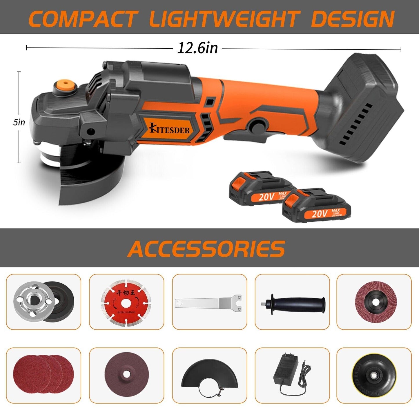 KITESDER Cordless Angle Grinder Handheld Saw 9000RPM with Battery Blade Toolkit