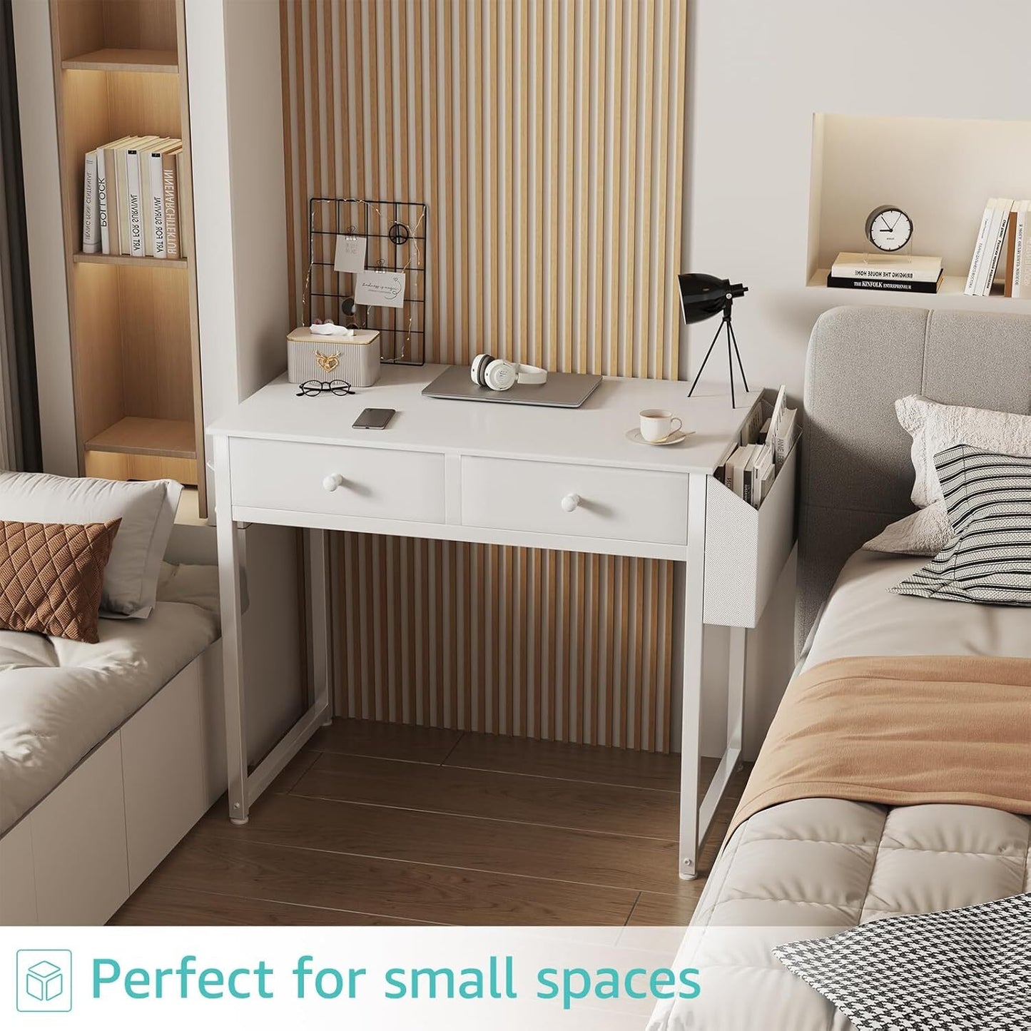 Small White Desk with Drawers - for Bedroom, 32 Inch Home Computer Desk